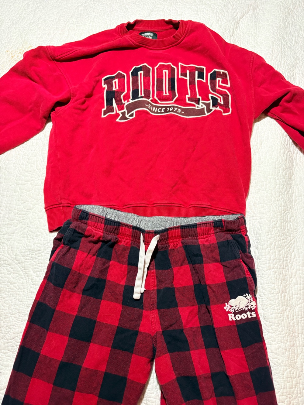 Roots Plaid Lounge Set Sweatshirt Womens XS Pajama Pants Kids M